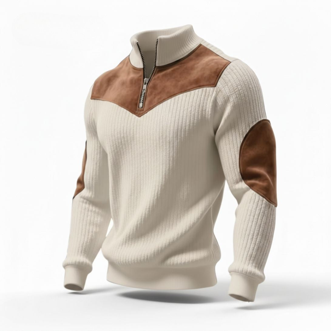 Ribbed Zip Sweater with Suede Accents