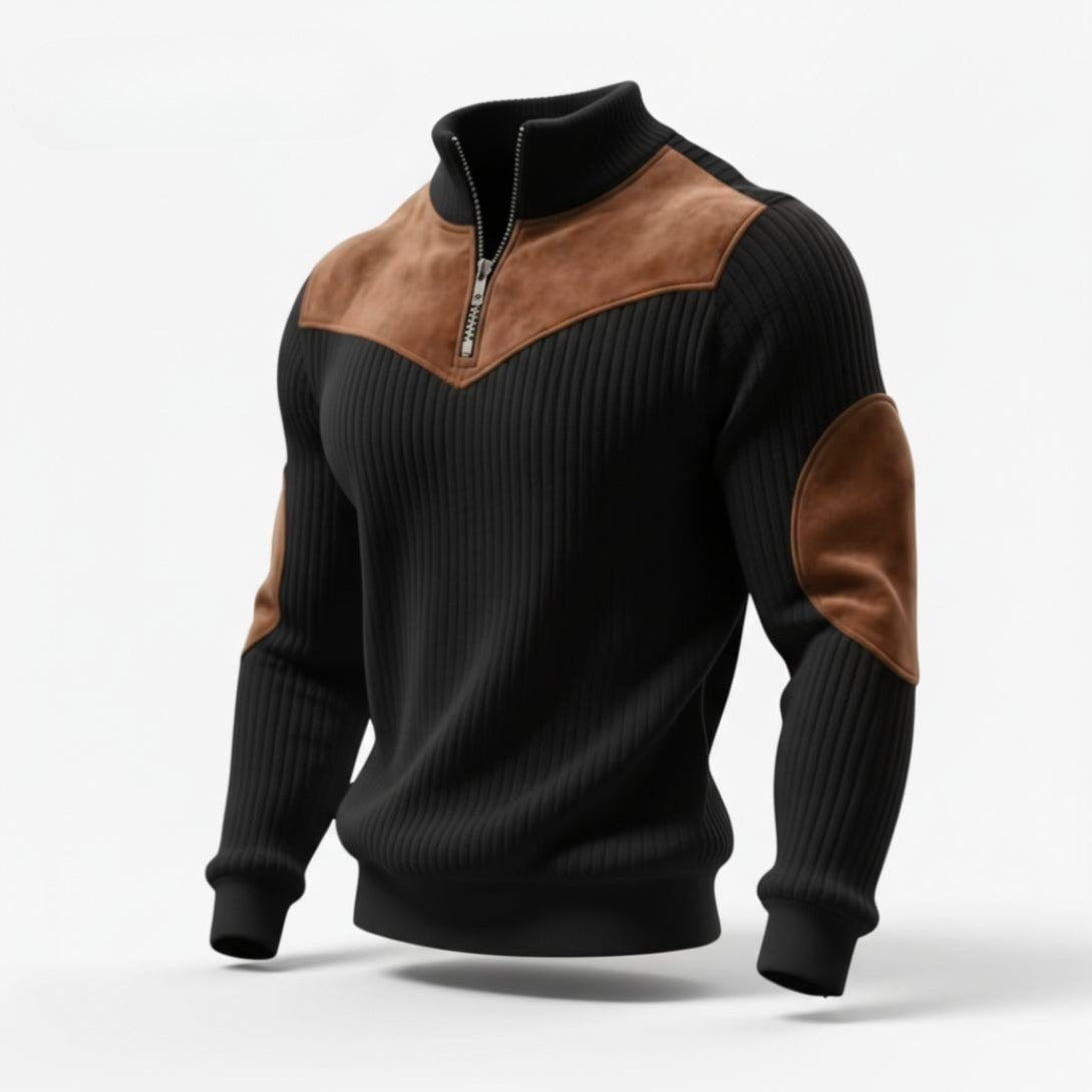 Ribbed Zip Sweater with Suede Accents